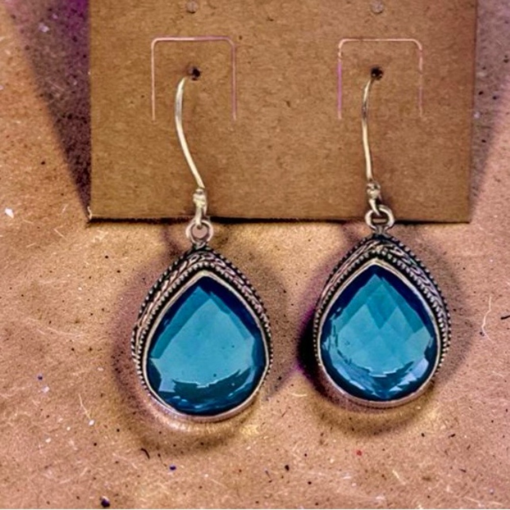 Sterling silver earrings Blue / Teal 925 earrings facets cut Beautiful - Picture 2 of 13